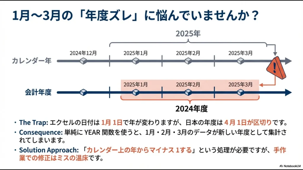 2025年1月から3月が会計年度では2024年度になる年度ズレの仕組みを図解したスライド