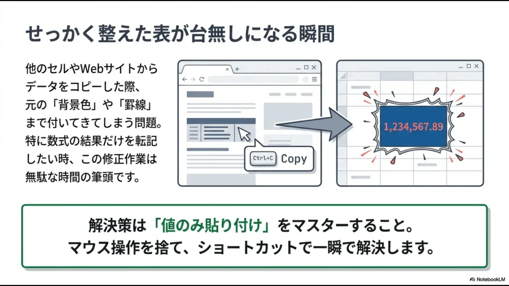 Webサイトや他のセルからコピーした際に背景色や罫線まで付いてきて表が崩れる様子のイラスト
