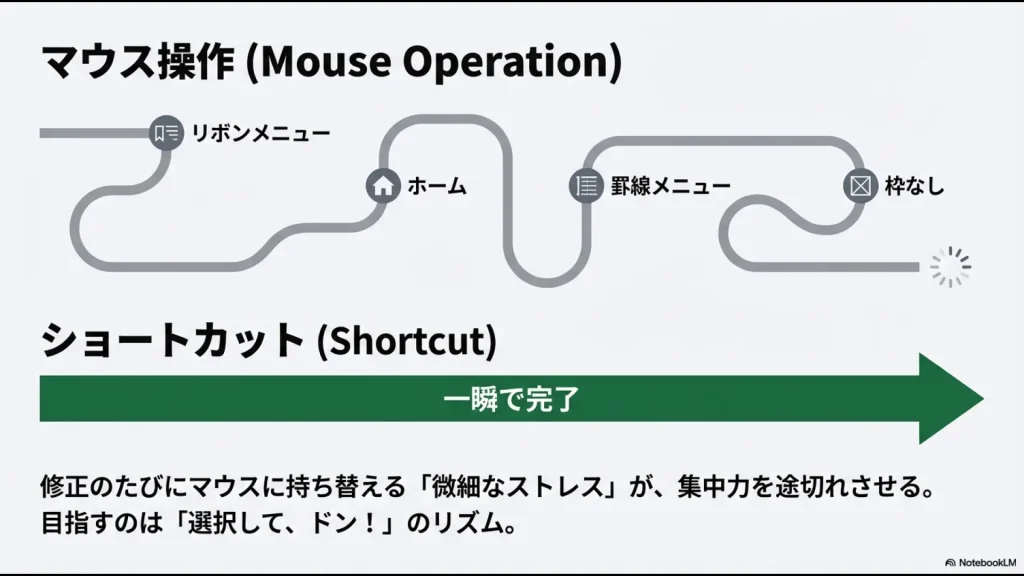 リボンメニューからホーム、罫線メニュー、枠なしを選択する長い経路と、一瞬で完了するショートカットの対比図。