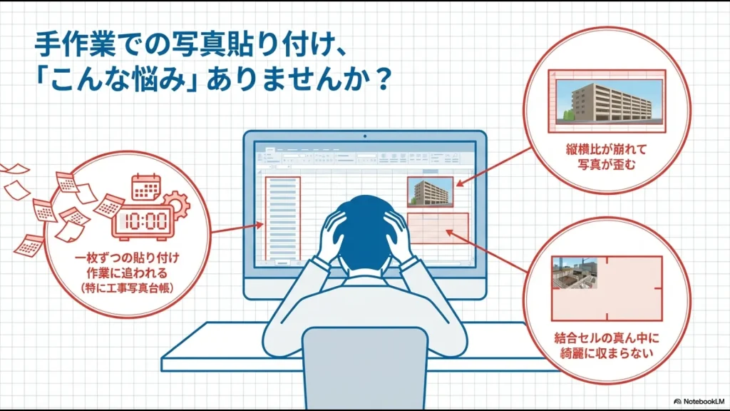 作業時間の浪費、写真の歪み、結合セル内でのズレなど、エクセル写真貼り付けでよくある課題のリスト