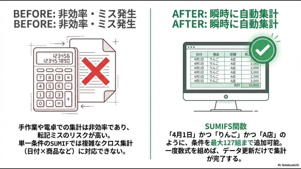 エクセルで手作業や電卓を使わず、SUMIFS関数で日別・項目別集計を自動化する効率化のイメージ