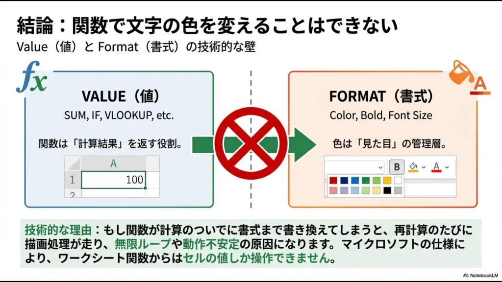 エクセルにおける「値（Value）」と「書式（Format）」の層の違いを説明し、関数では書式を操作できない技術的理由を示す図解。