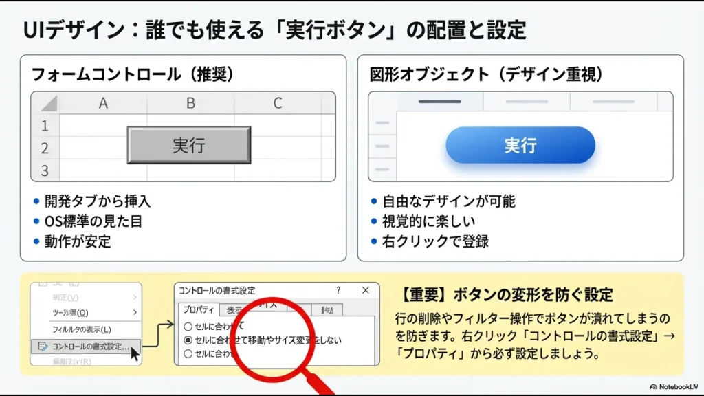フォームコントロールと図形オブジェクトの違い、およびボタンのサイズを固定する設定画面の解説。