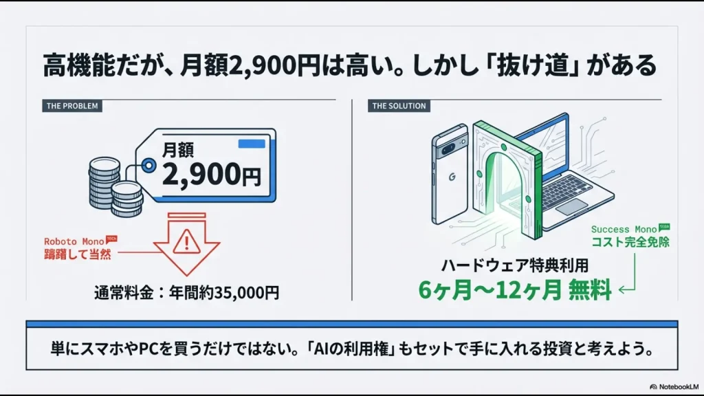 月額2,900円のコストをハードウェア購入特典で6ヶ月から12ヶ月無料にする「0円戦略」の概念図