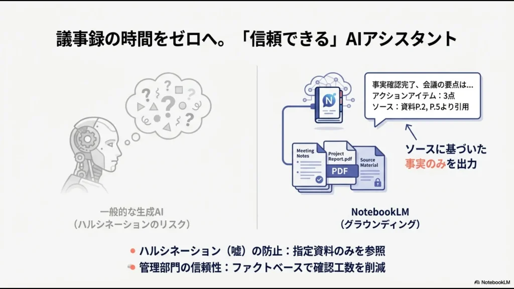 一般的な生成AIのハルシネーションリスクとNotebookLMのグラウンディングによる事実に基づいた出力の仕組みの比較
