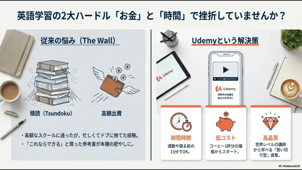 お金と時間の壁を「隙間時間」と「低コスト」で解決するUdemyのメリットを説明したスライド