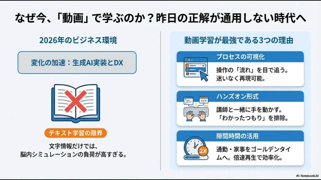 動画学習が最強である3つの理由（プロセスの可視化、ハンズオン形式、隙間時間の活用）を説明するスライド。
