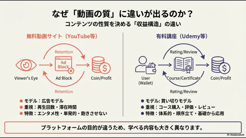 YouTubeの広告モデル（再生回数重視）とUdemyの買い切りモデル（評価重視）の構造的な違い