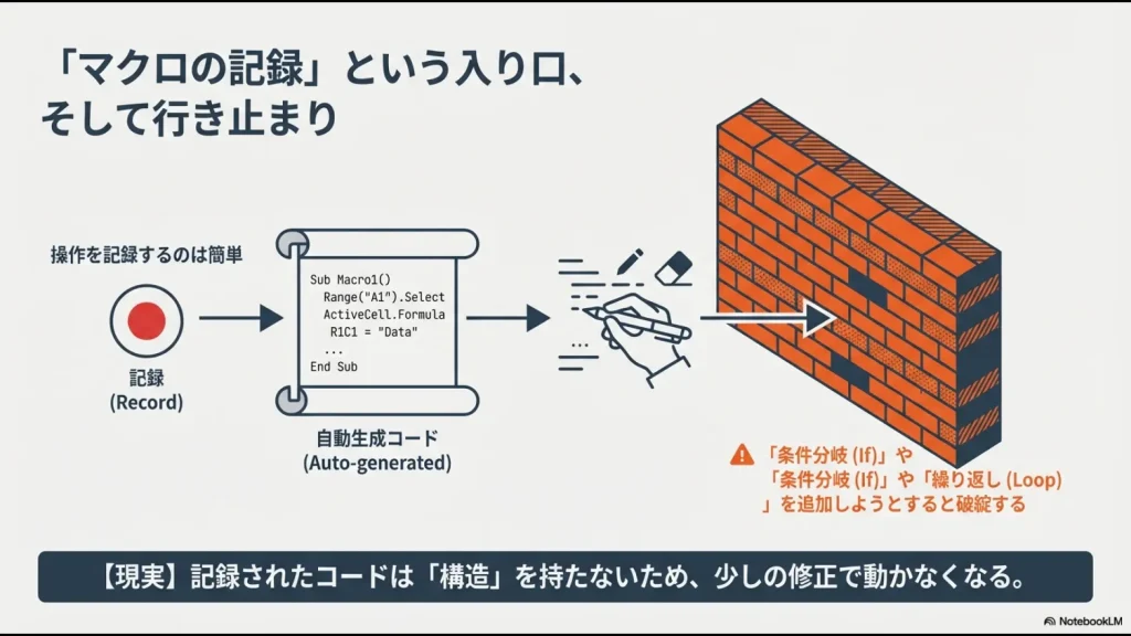 操作を記録するだけの自動生成コードでは構造が持てず、条件分岐や繰り返し処理を追加しようとすると破綻する様子を図解したスライド。