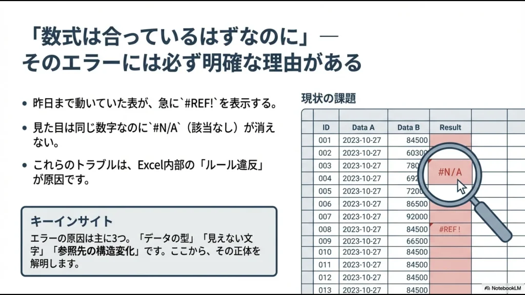 VLOOKUPエラーの主な原因としてデータの型、見えない文字、参照先の構造変化を挙げたインフォグラフィック