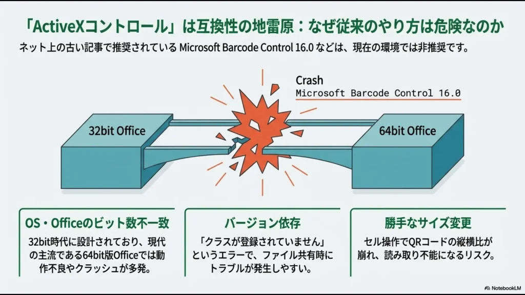 32bitと64bit Officeの不一致によるクラッシュやバージョン依存エラーの図解