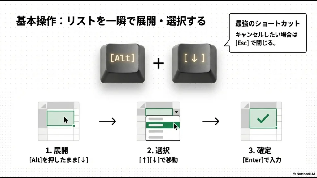 Alt、A、V、Vをリズムよく押すことで、マウスを使わずにデータの入力規則ダイアログを開くガイド図