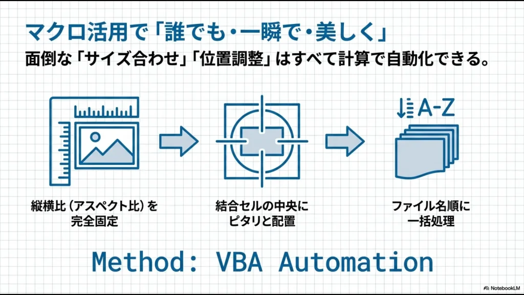 サイズ合わせ、位置調整、一括処理をVBAで自動化するプロセスの概要図