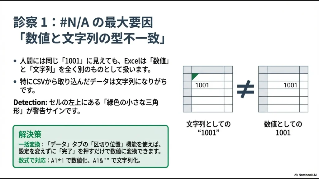 人間には同じに見える1001が、Excel内部では数値と文字列で別物として扱われる様子を示す図