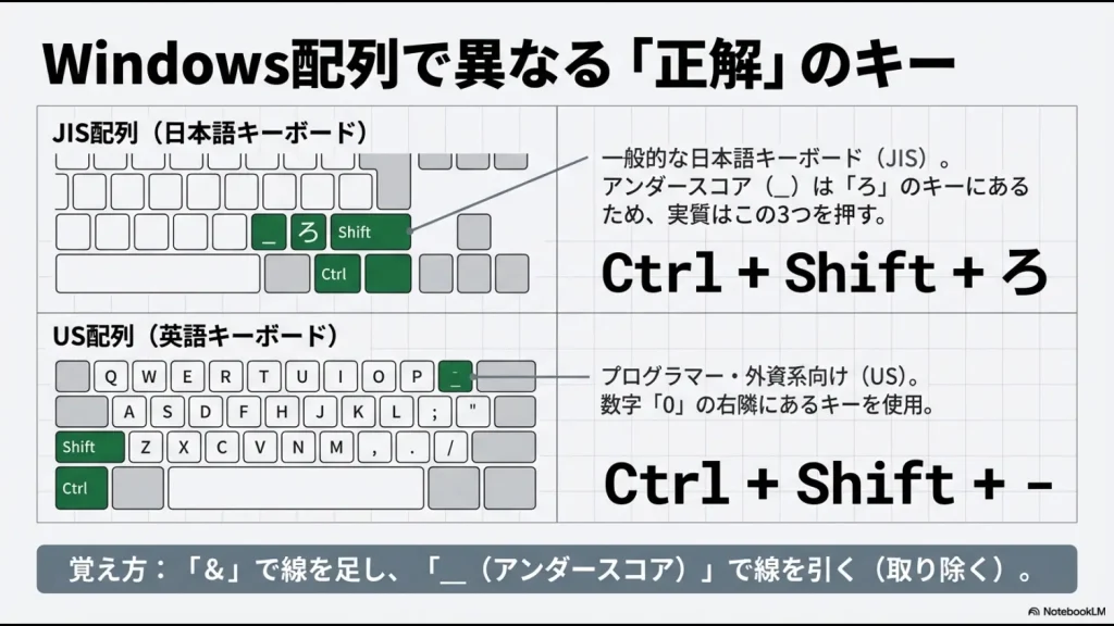 日本語JIS配列でのCtrl+Shift+ろと、英語US配列でのCtrl+Shift+-（ハイフン）のキー位置を解説する図解。