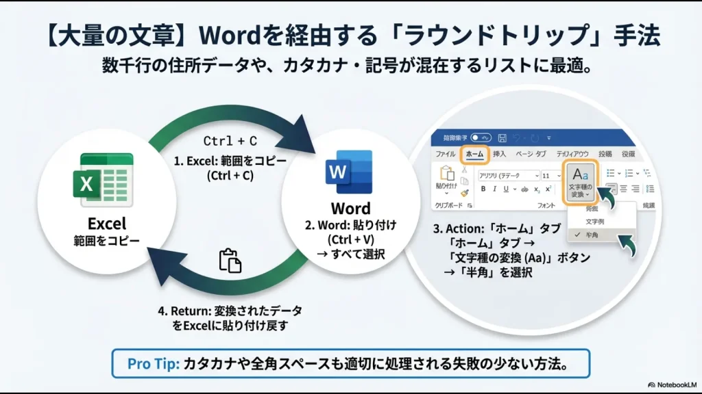 エクセルからコピーし、ワードの「文字種の変換」ボタンで半角化してエクセルに戻す、ラウンドトリップ手法の4ステップを図解。カタカナや全角スペースも適切に処理可能。