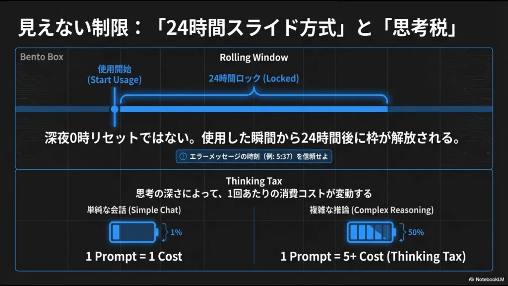Geminiの24時間ローリングウィンドウ方式（スライド方式）と、タスクの複雑さによってコストが変動する「思考税（Thinking Tax）」の解説図。