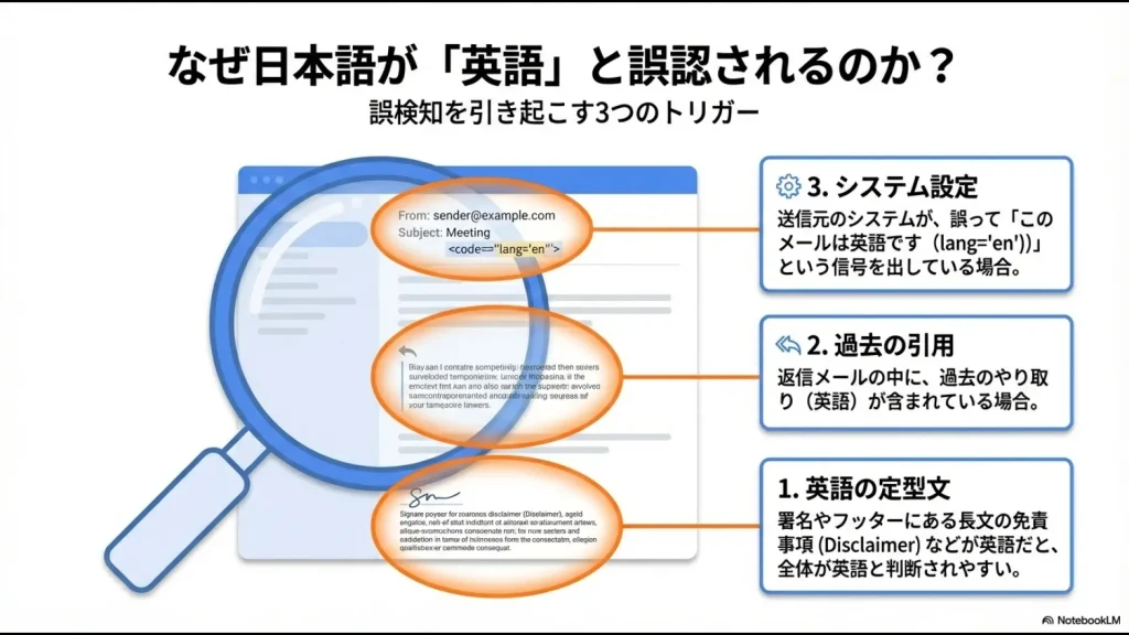 英語の定型文、過去の引用、システム設定の3つがGmailの言語誤検知を引き起こすメカニズム
