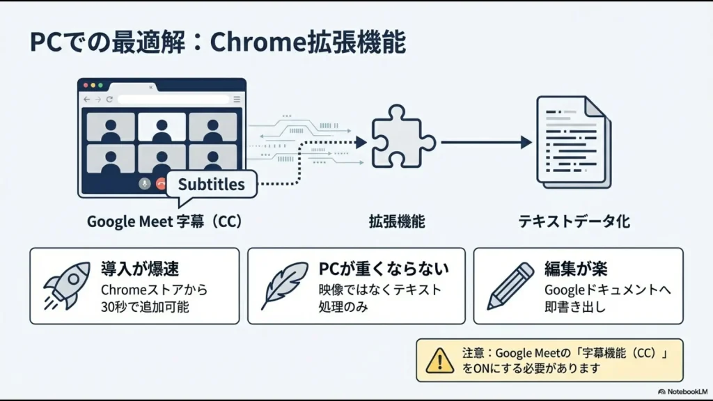 Google MeetでChrome拡張機能を使用して字幕データをテキスト化し、PCの動作を軽く保つ仕組みの解説スライド