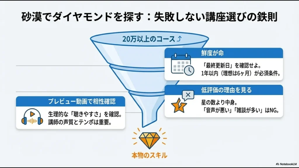 砂漠でダイヤモンドを探すための講座選びの鉄則。鮮度（1年以内）、低評価の理由確認、プレビュー動画での相性確認を解説。
