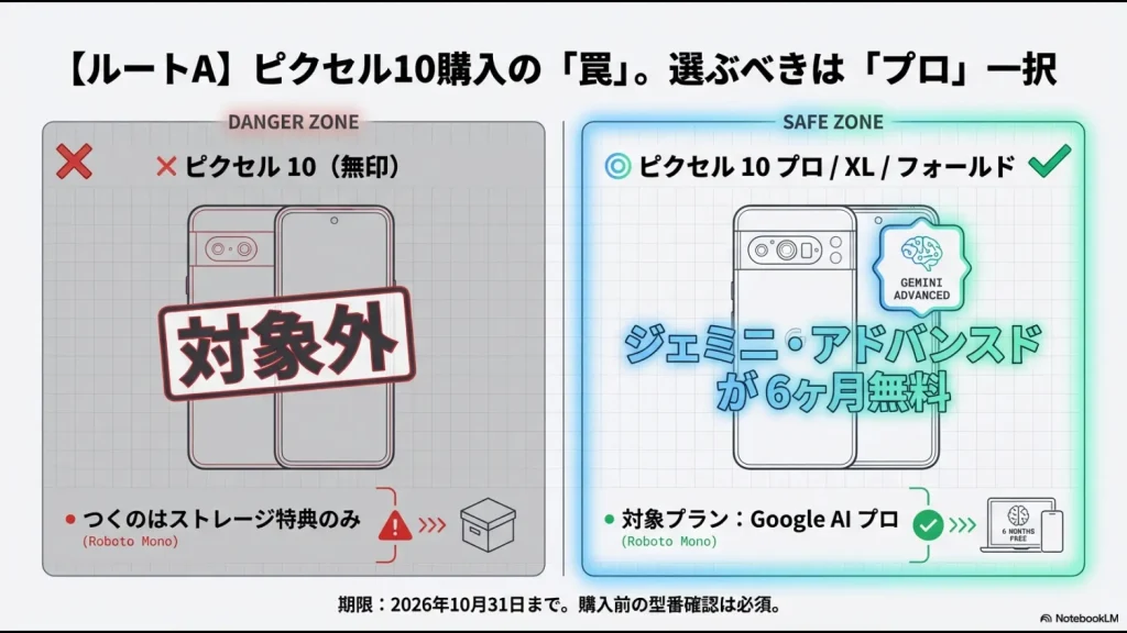 無印のPixel 10は対象外で、Pro・XL・フォールドのみがGemini Advanced 6ヶ月無料の対象であることを示す注意喚起の図