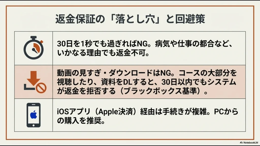 30日を過ぎた返金の不可、動画の見すぎやダウンロードによる返金拒否など、返金制度の注意点