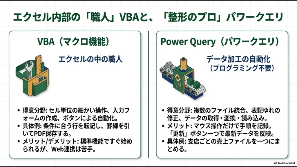 エクセル内部の職人であるVBAと、データ加工のプロであるパワークエリの得意分野、具体例、メリット・デメリットを比較した解説スライド。