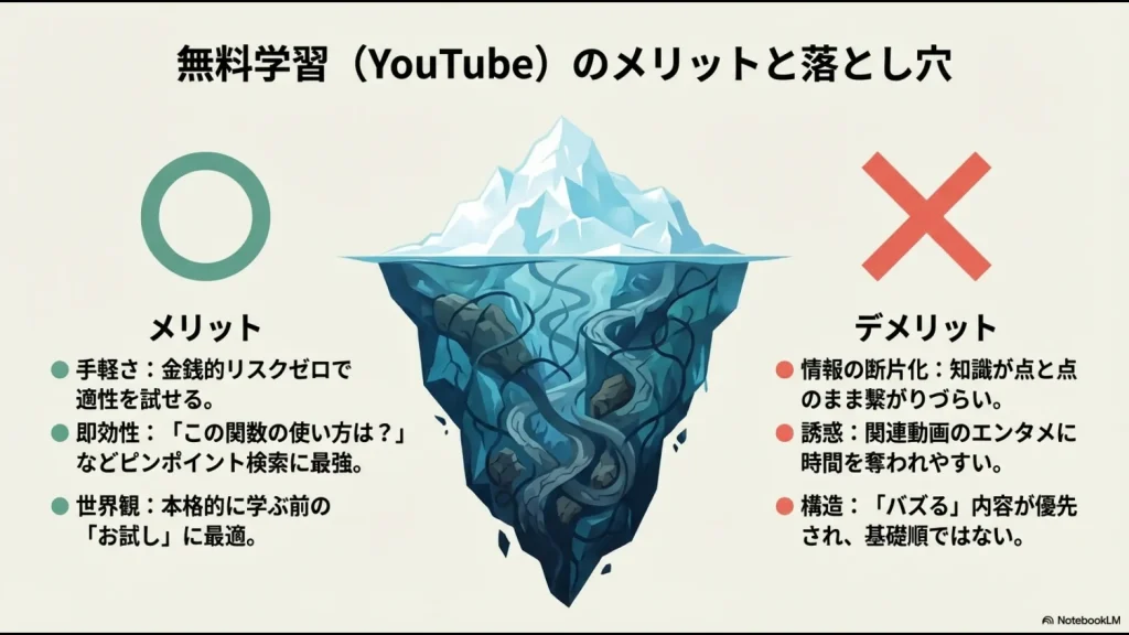 YouTube学習の手軽さと即効性のメリット、情報の断片化と誘惑というデメリットの図解