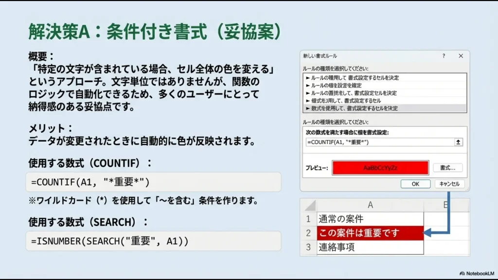 COUNTIF関数やSEARCH関数を使用した条件付き書式の設定画面例と、セル全体の色が変わるイメージの解説。