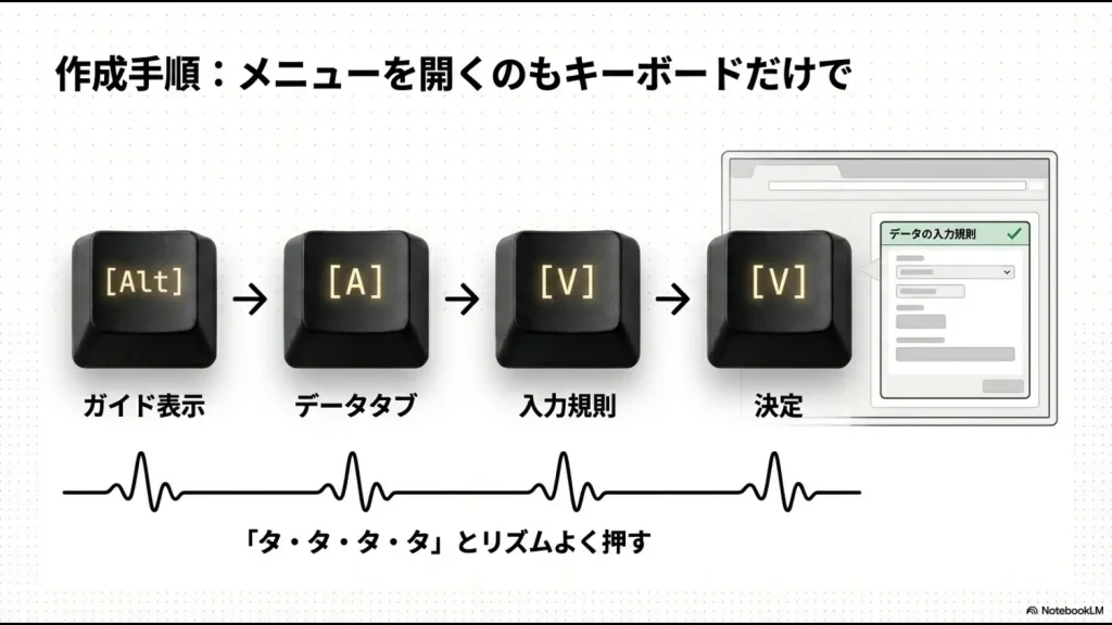 Lキーでリスト形式を選択し、Tabキーで項目移動、F3キーで名前の貼り付けを行う設定画面のキーボード操作解説