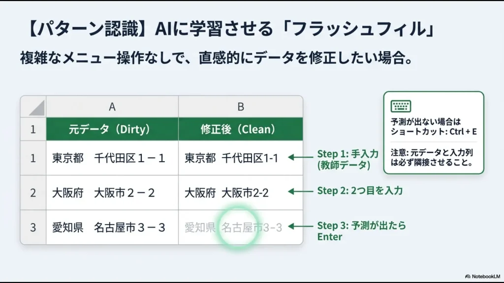 隣接した列に修正後のお手本を2つ入力し、ショートカットCtrl+Eで残りのデータを一括修正するフラッシュフィルの操作手順と注意点の解説画像。
