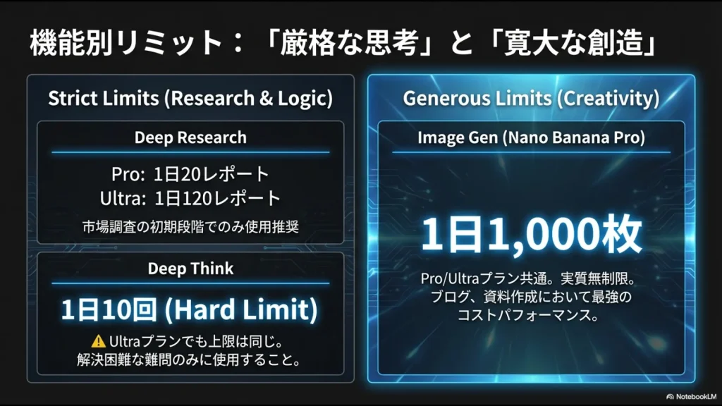 Deep Research（Pro 20回、Ultra 120回）、Deep Think（1日10回）、画像生成（1日1,000枚）の各機能別リミットをまとめたスライド。