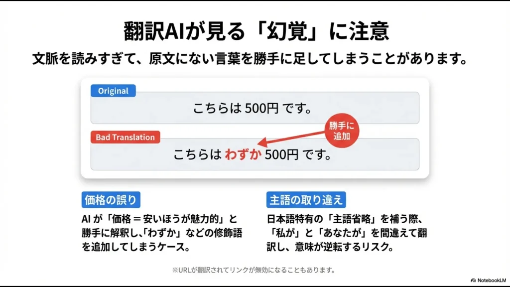 AIが「わずか」などの言葉を勝手に足したり、主語を取り違えたりする誤訳のリスクを説明する比較図
