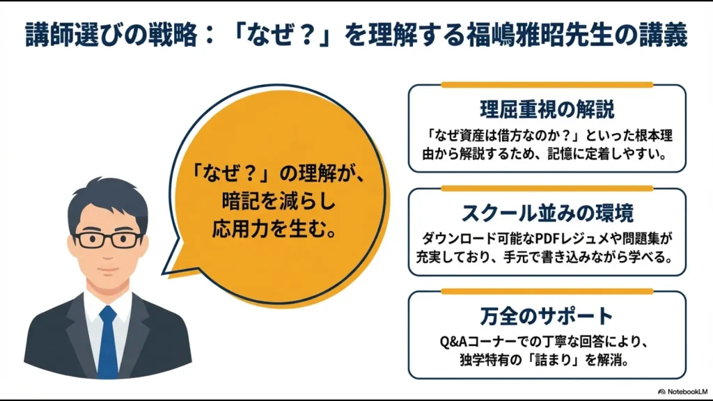 暗記を減らし応用力を生む理屈重視の解説や、PDFレジュメ、Q&Aサポートなどスクール並みの学習環境の紹介