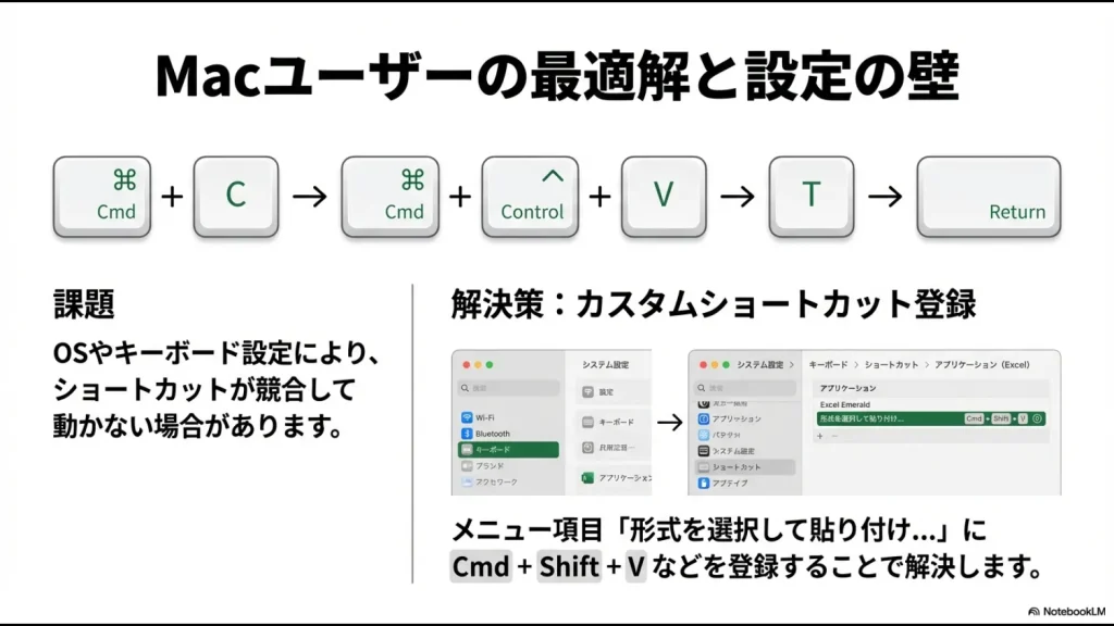 Mac版エクセルでのCommand+Control+Vショートカット操作と、システム設定でのキー割り当て変更方法の解説図