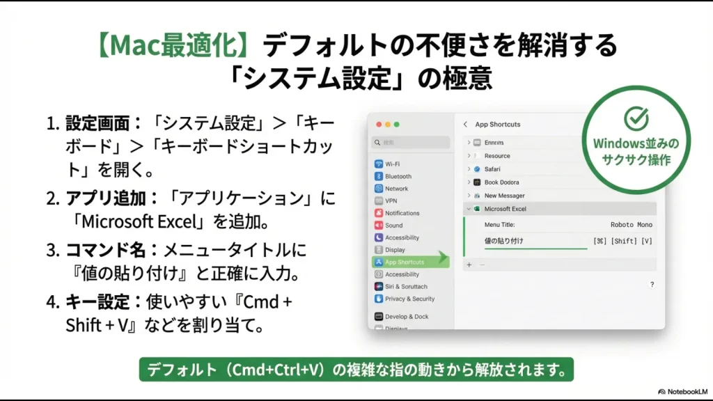 Macのシステム設定からエクセルの「値の貼り付け」に独自のショートカットキー（Cmd+Shift+Vなど）を割り当てる手順の解説スライド