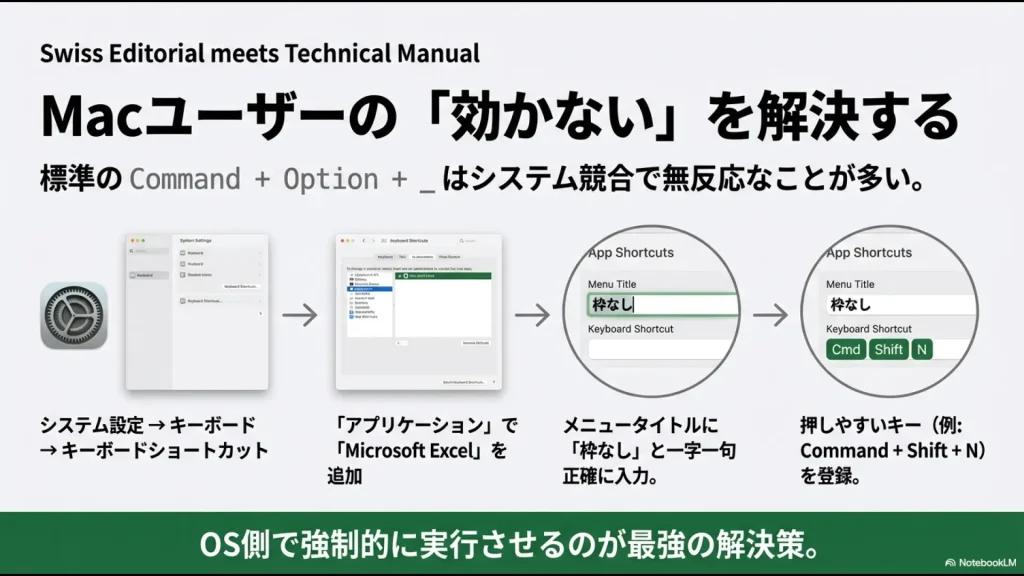macOSのシステム設定で「アプリケーションショートカット」から「Microsoft Excel」を選択し、メニュータイトルに「枠なし」と入力してショートカットを割り当てる設定画面のキャプチャ。