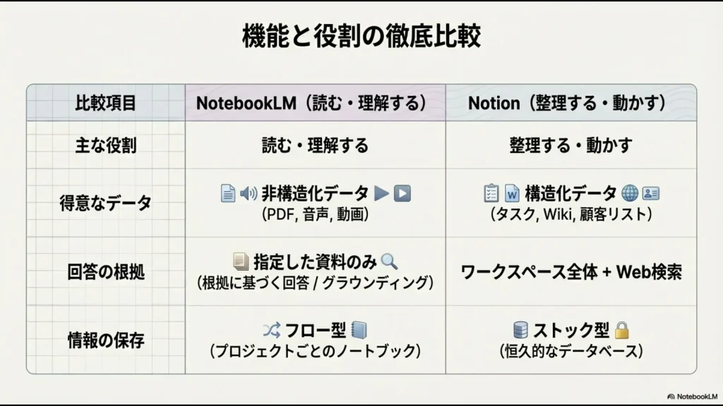 主な役割、得意なデータ、回答の根拠、情報の保存形式（フロー型vsストック型）を対比させた比較表スライド。