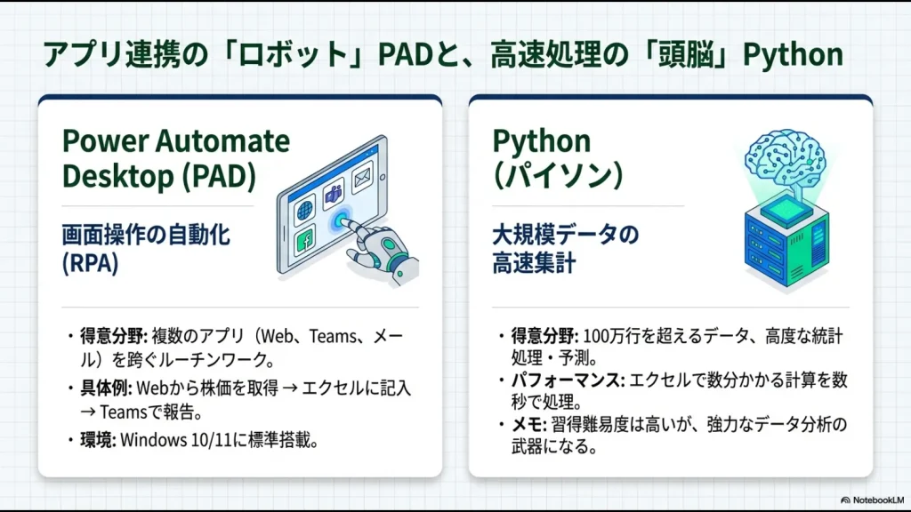 画面操作を自動化するロボットとしてのPADと、100万行を超える大規模データを高速集計する頭脳としてのPythonを比較したスライド。