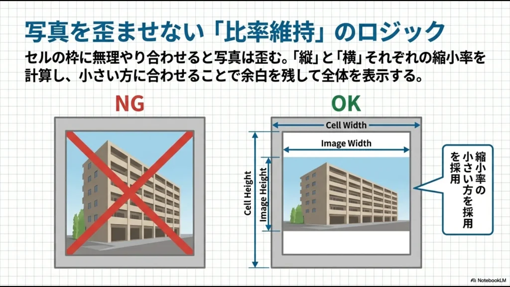 セルの幅と高さに対して、画像の縮小率の小さい方を採用することで歪みを防ぐ仕組みの図解