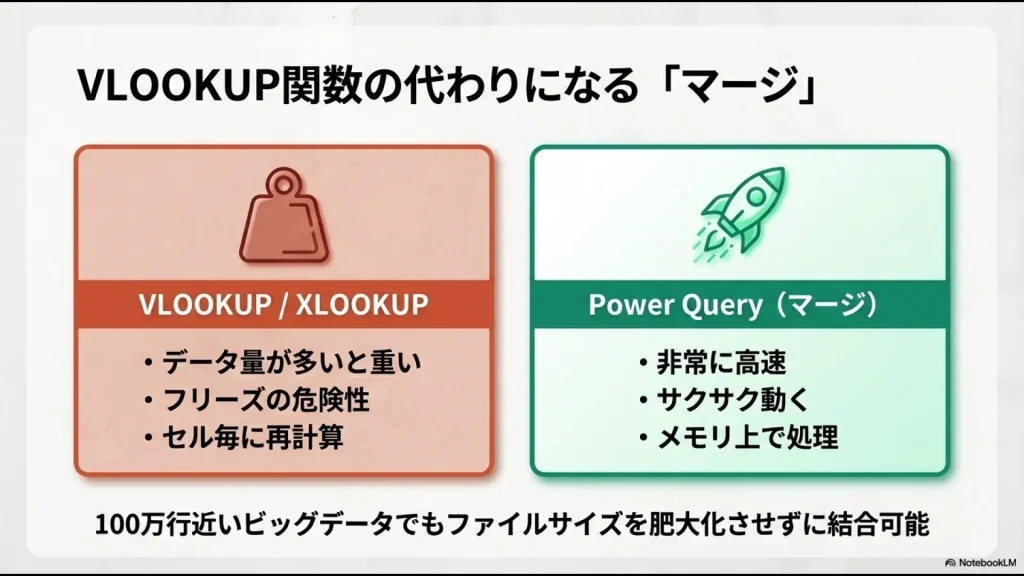 データ量が多いと重くなるVLOOKUPに対し、100万行近いビッグデータでもメモリ上で高速に処理するパワークエリのマージ機能のメリット