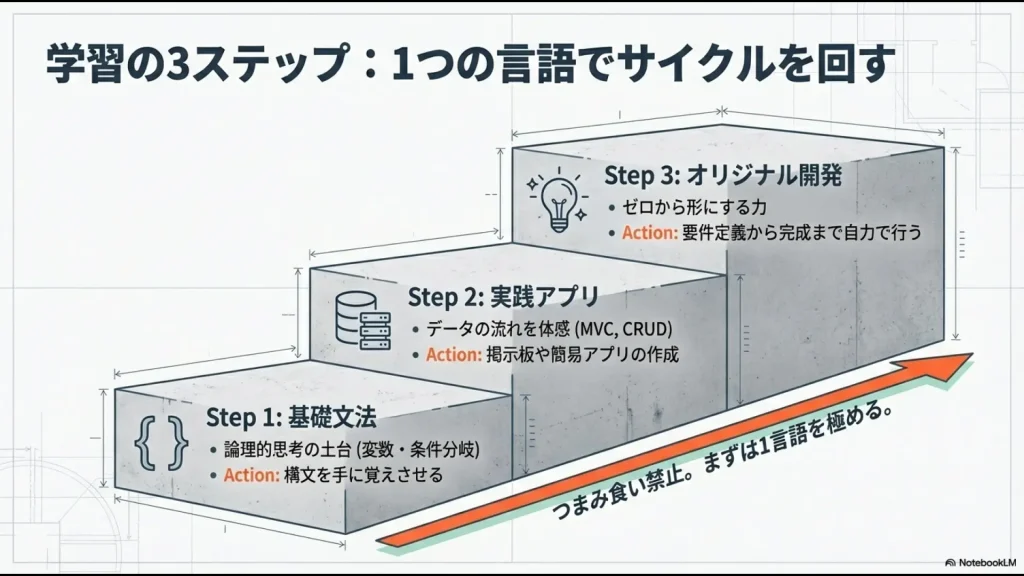 基礎文法、実践アプリ、オリジナル開発へと段階的にステップアップする学習ロードマップの図解