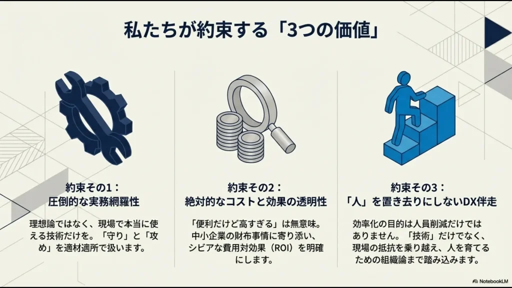実務網羅性、コスト透明性、人を置き去りにしないDX伴走という、当サイトが提供する3つの核心的な価値