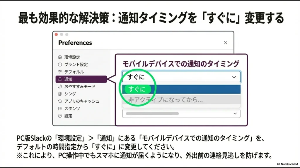 Slackの環境設定の通知メニューから、モバイルデバイスでの通知タイミングを「すぐに」に変更する操作画面