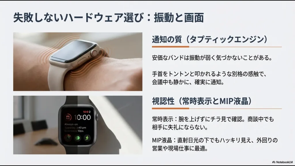 Apple Watchの振動（タプティックエンジン）と、常時表示・MIP液晶の視認性を解説するスライド