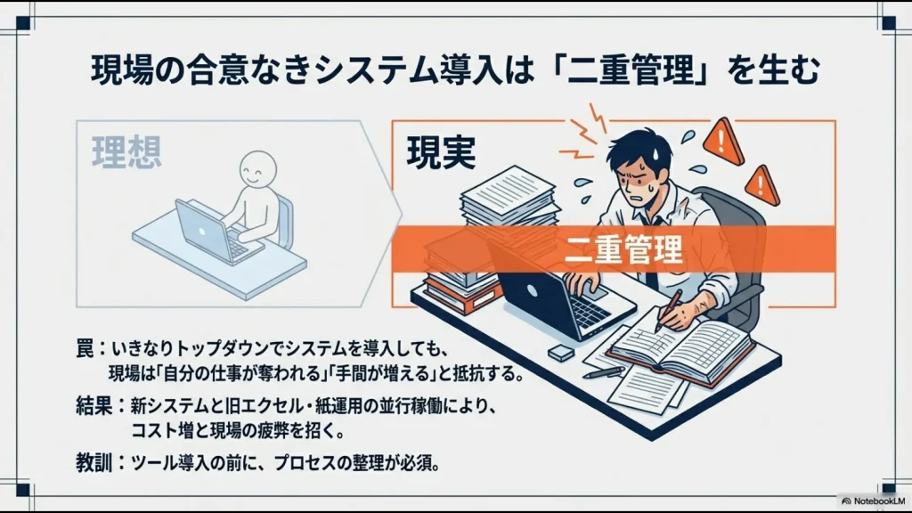 理想と現実のギャップを描いた図。現場の合意なくシステムを入れることで新旧の二重管理が発生し、疲弊を招く「二重管理の罠」を説明。