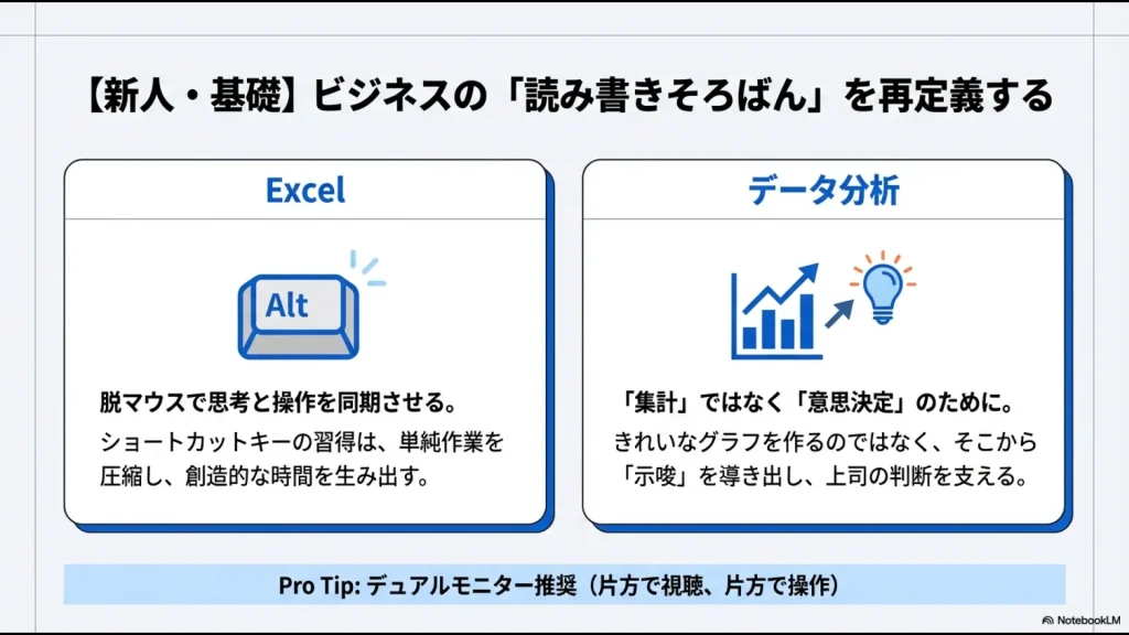 脱マウスによる思考と操作の同期、意思決定のためのデータ分析「示唆」の導き出しを説明するスライド。