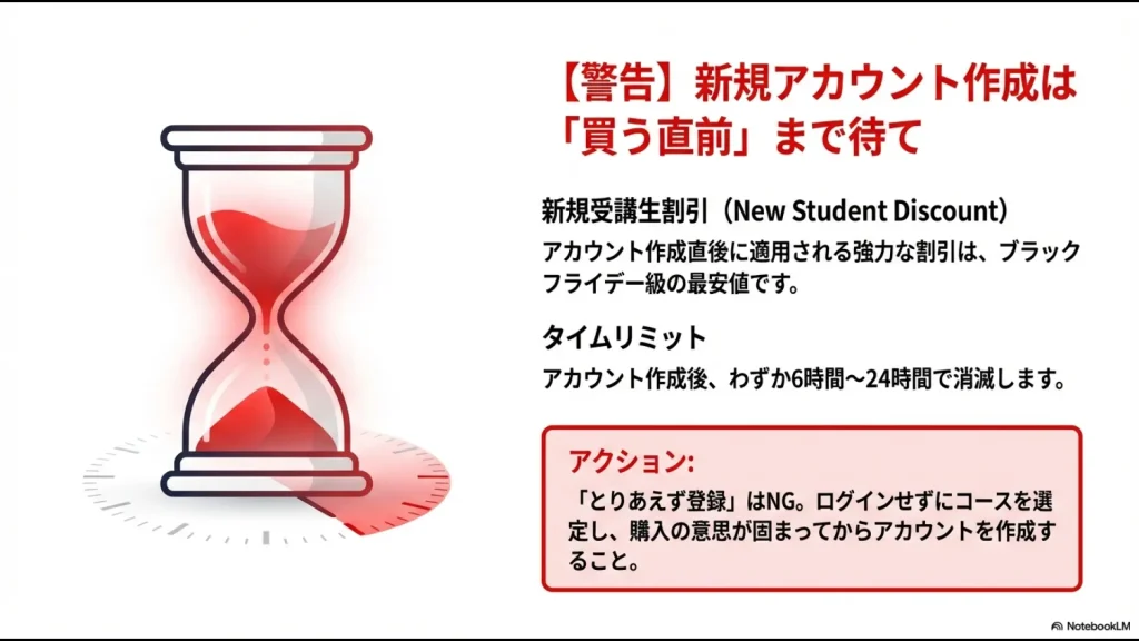 砂時計のイラスト。アカウント作成後6時間から24時間で消滅する新規受講生割引の制限時間。