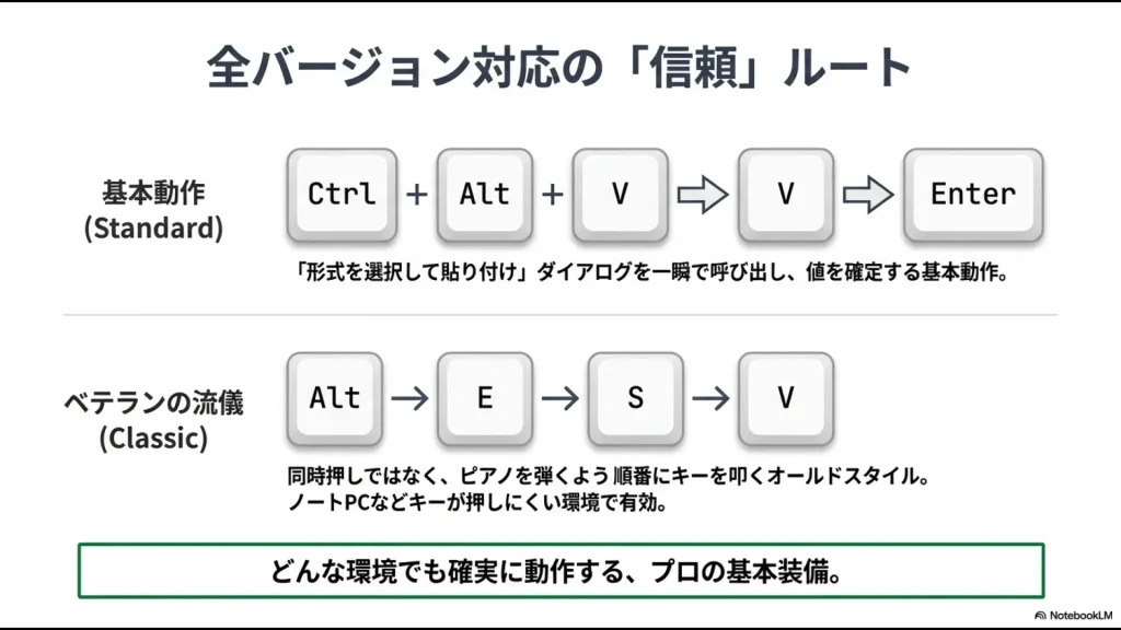 Ctrl+Alt+VおよびAlt+E+S+Vのキー操作手順を示すスライド