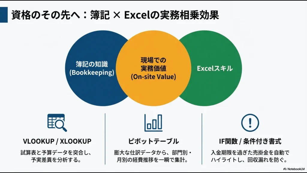 VLOOKUPやピボットテーブルを用いた予実分析や経理集計など、現場での実務価値を高めるスキルの組み合わせ